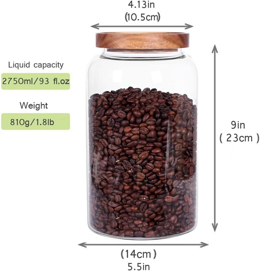 Large Glass Food Canisters, 93 FL OZ(2750ml) Kitchen Serving Stoarge Container with Airtight Wooden Lids, Cereal Dispenser Jars for Spaghetti Pasta, Powder, Spice, Tea, Coffee(8.8inch high)
