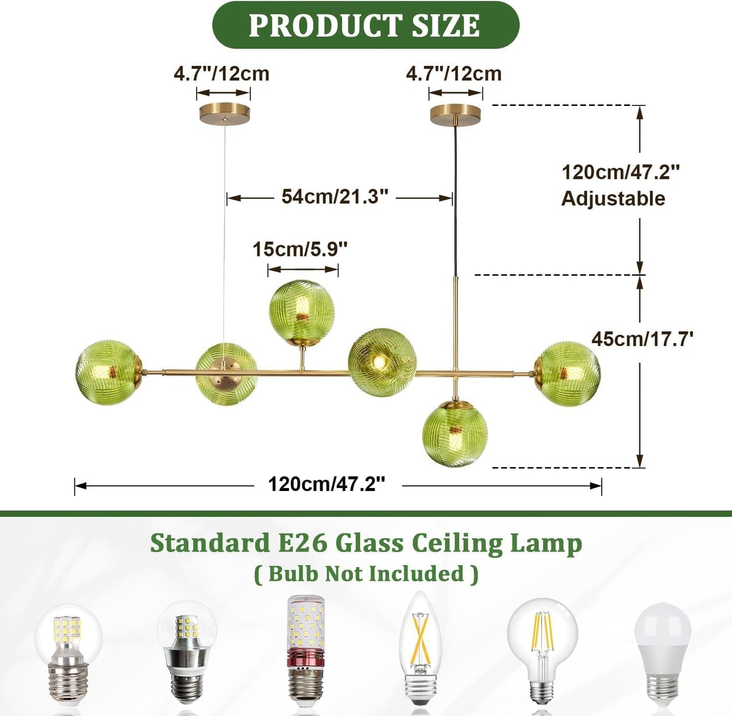 KCO Lighting 6 Green Glass Pendant Lights Kitchen Island Mid Century Modern Globe Sputnik Chandelier Brushed Gold Linear Island Light Fixture for Dining Room