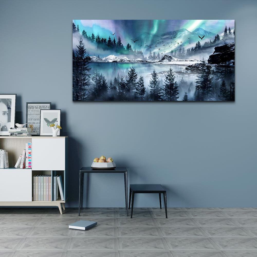 hyidecorart Modern Canvas Wall Art For Office Large Wall Decorations For Living Room Stretched And Framed Canvas Prints Paintings Blue Aurora Scenery Wall Pictures Artwork Hotel Mural Ready To Hang
