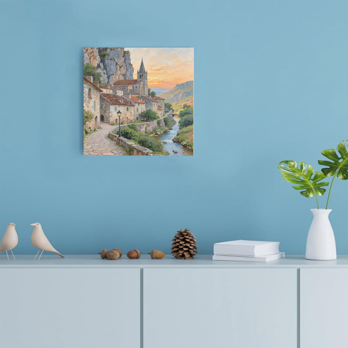Small town scenery poster on the bank of the mountain stream is suitable for living room bedroom and office natural oil painting poster