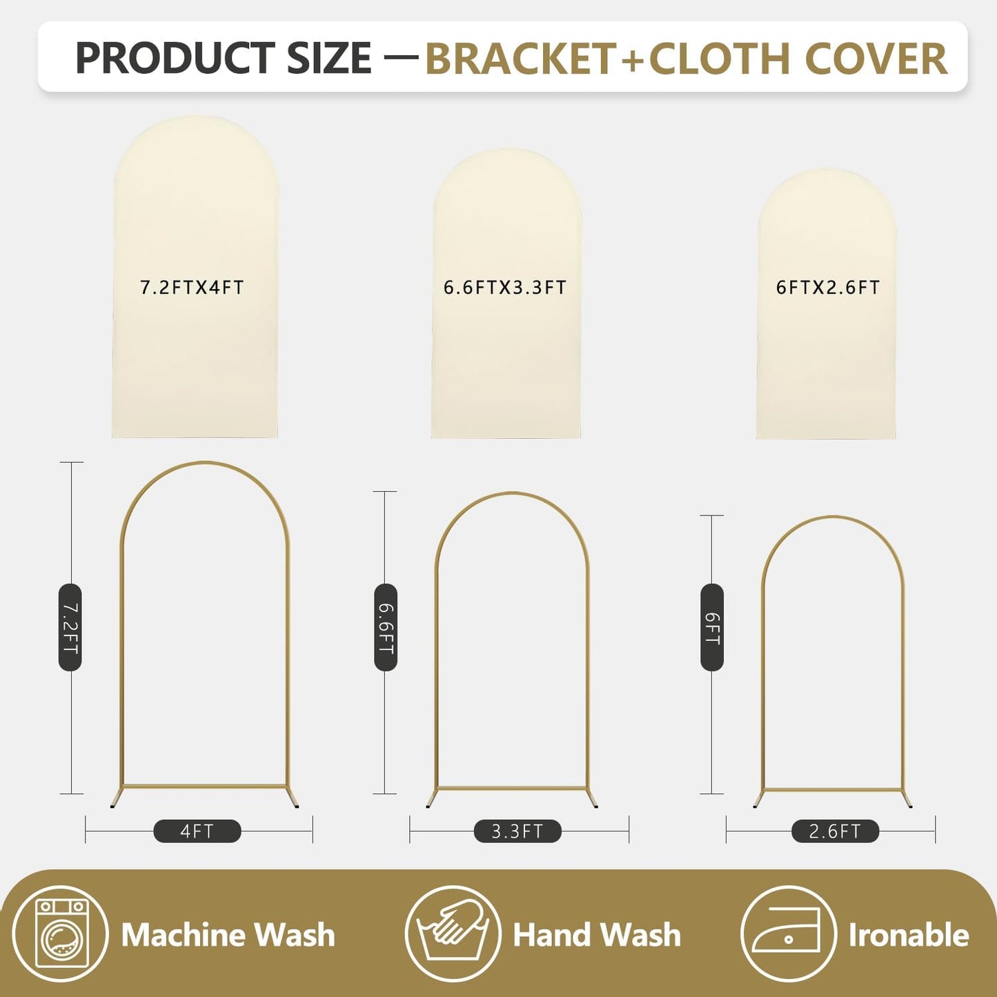 Arch Backdrop Stand and Cover Set, 3 Metal Balloon Arch Backdrop 7.2ft 6.6ft 6ft, Gold Arched Stand Frame for Wedding, Parties,Birthday, Backdrop Decorations (Beige,7.2ft+6.6ft+6ft)