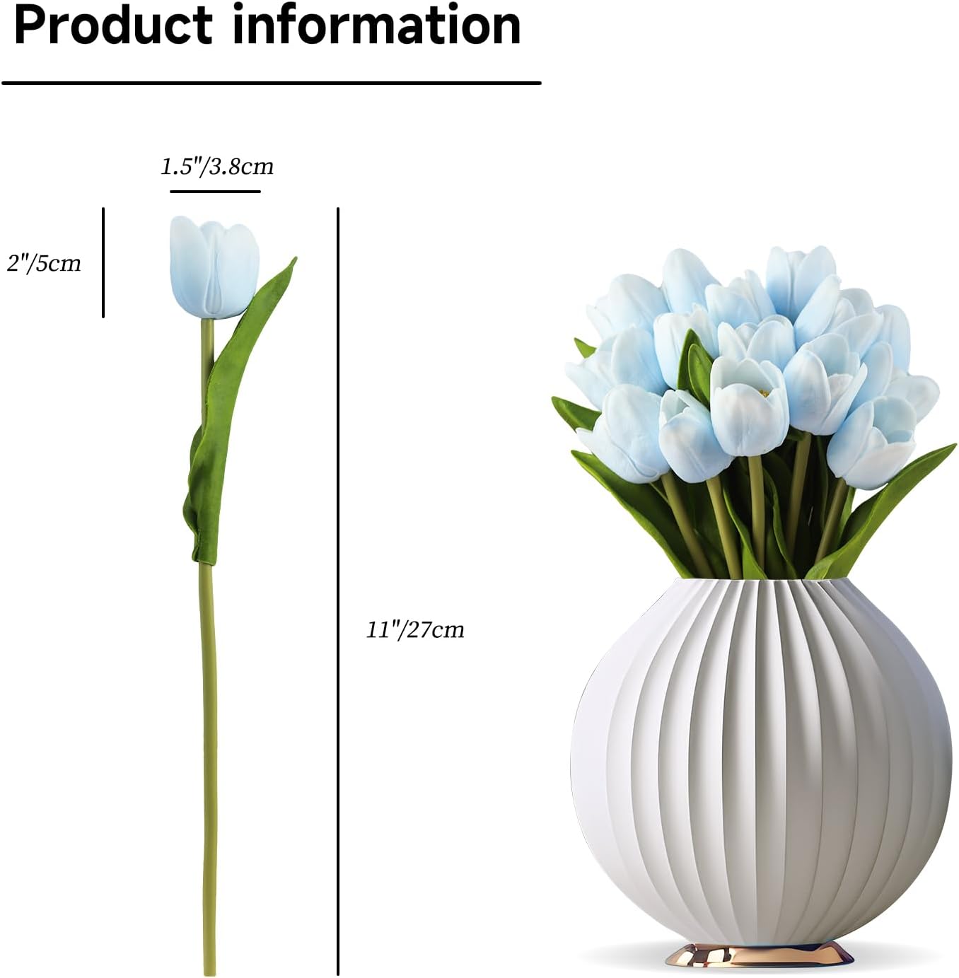 Buart Artificial Tulip in Bulk for Wedding Bridal Bouquet,Fake Flowers for Valentine's Day Mother's Day Easter Table Centerpieces Decorations(Light Blue,Real-Touch,12pcs)