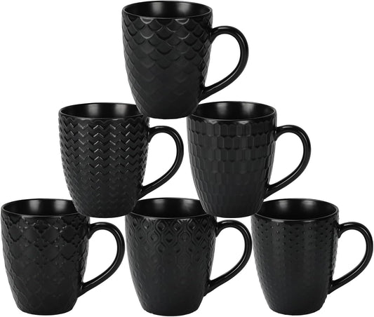 16 OZ Bone Coffee Mugs Set of 6 Matte Black, Large Ceramic Coffee Mugs Set with Different Texture Patterns, Porcelain Cups with Handle for Espresso Latte Tea Milk