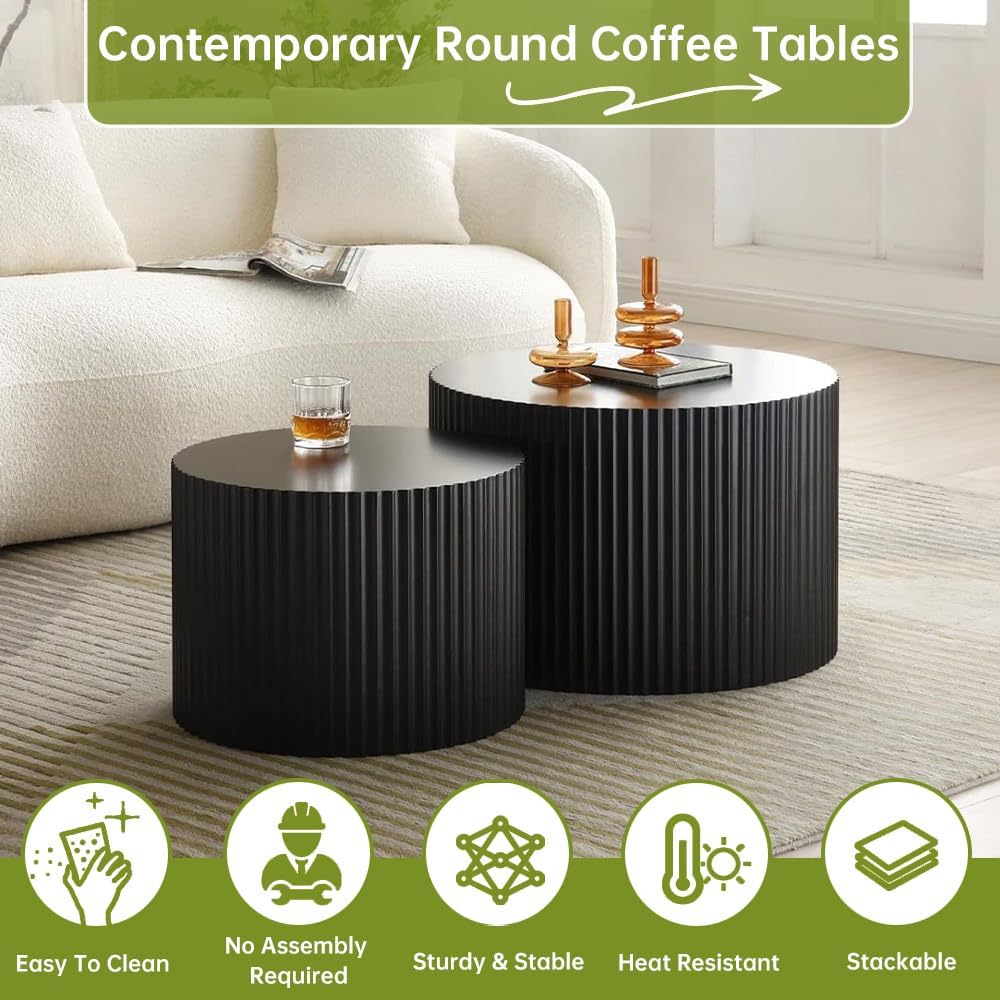 Round Nesting Coffee Table Modern Black Fluted Coffee Table Set of 2 Stripe Round Coffee Tables Circle Drum Coffee Tables Side Table Accent End Table for Living Room (Black Large)