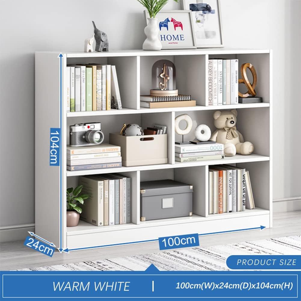 IOTXY Open Shelf Low Bookcase - Wooden 3-Tier Floor Standing Display Cabinet Organizer with Base, 8 Cubes Short Horizontal Bookshelf in Warm White