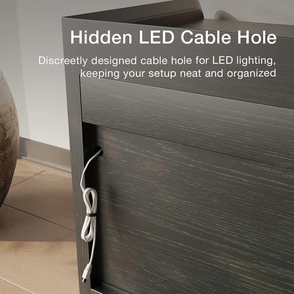 POVISON Fully-Assembled Mid Century Glossy Sintered Stone TV Stand with Legs, Wood Media Console with Adjustable LED Light, Entertainment Center with Storage for Living Room