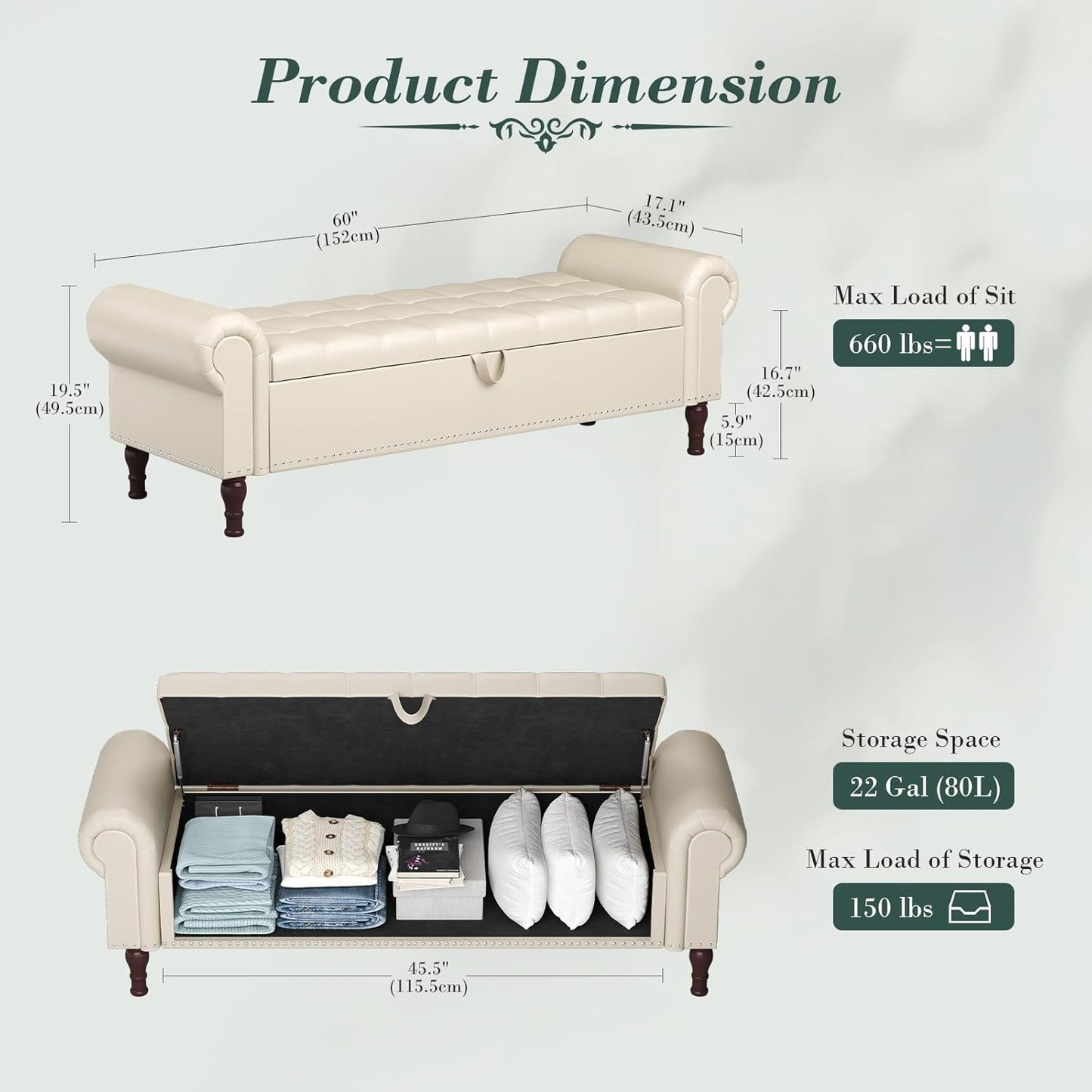 Apicizon 60”Storage Ottoman Bench, Soft Faux Leather Indoor Bench with Rolled Arm and Vintage Rivets, Large Storage Chest for Bedroom, Living Room, Entryway，Beige & Brown Legs