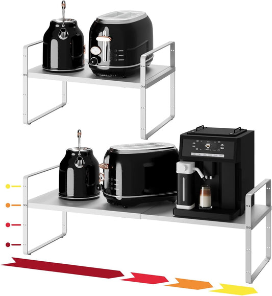 16.5~27.1" Expandable Shelf Organizer, 2Pack 10.2" Wide Stackable Cabinet Shelf Organizers, White Metal Sturdy Kitchen Counter Storage for Countertop, Adjustable Height Spice Rack