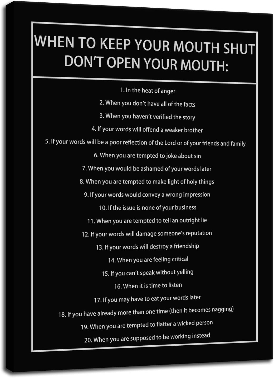 When to Keep Your Mouth Shut Don't Open Your Mouth Inspirational Canvas Wall Art Motivational Poster Life Learning Quote Picture Home Office Decor Painting Framed and Stretched[30''W x 40''H]