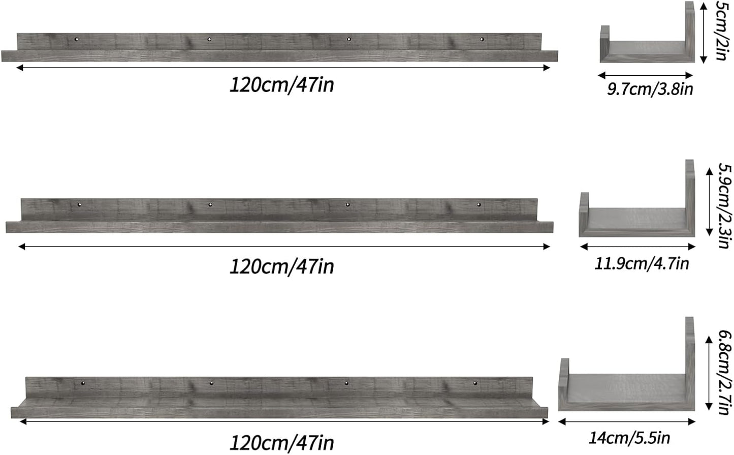Giftgarden 47 Inch Gray Floating Shelves for Wall Mount, Grey Wood Wall Shelf Ledge for Bathroom Bedroom Living Room Kitchen Storage, Set of 3 Different Sizes