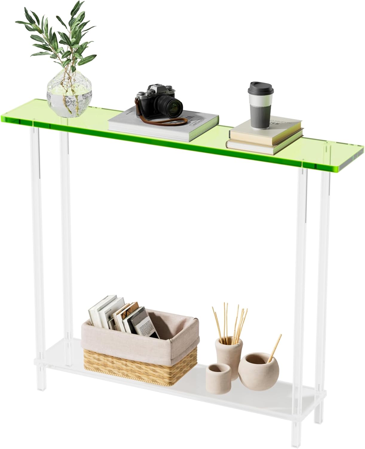 Sleek Modern 2-Tier Acrylic Console Table, 39.4" L x 7.6" W x 31.5" H - Entryway Table for Hallway, Living Room, Sofa Side, Small Spaces (Green)