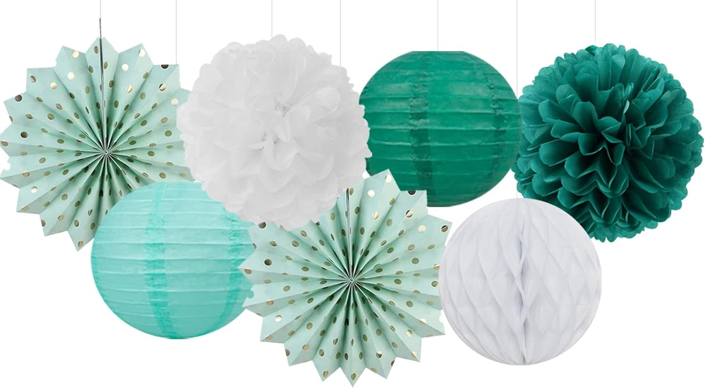 Sage-Green Teal-Gold Baby-Shower Party Decorations - 14pcs Rustic Wedding Paper Lanterns Fan,Tissue Pom Poms Streamers,Honeycomb Balls,Birthday Bachelorette Engagement Bridal Decor Lasting Surprise