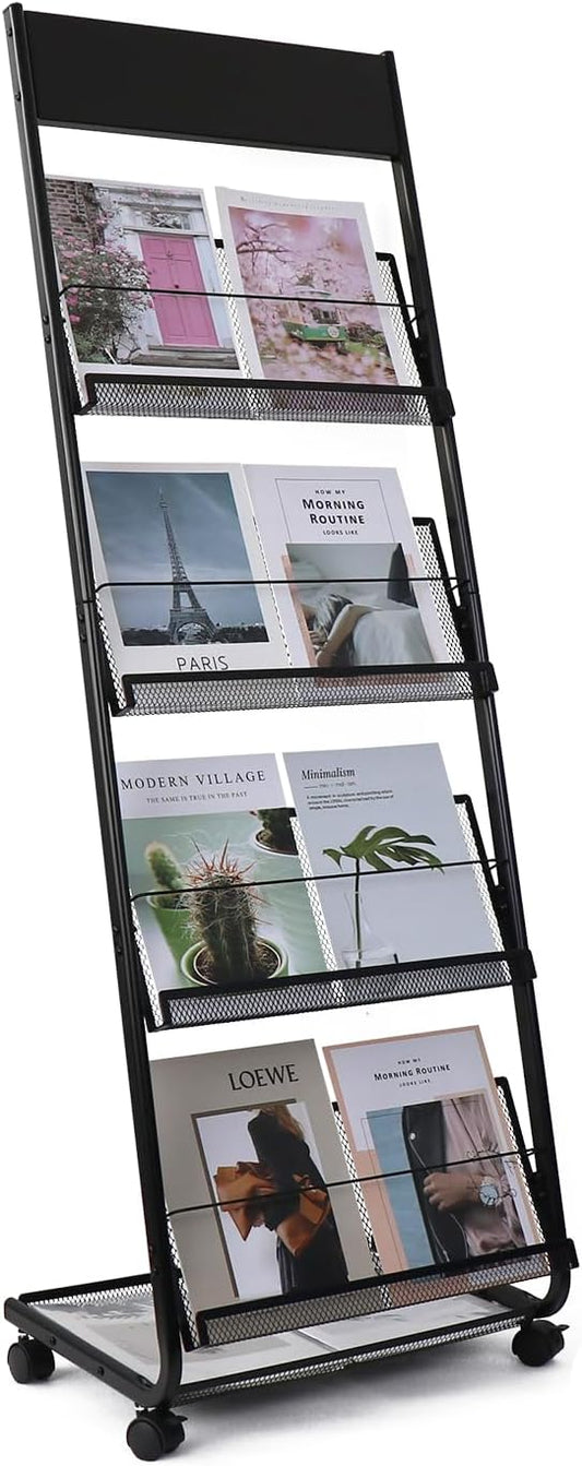 Floor-Standing Magazine Rack 4-Layer with Wheels, Brochure Display Stand for Exhibitions, Office, and Any Organization Requiring Information Display