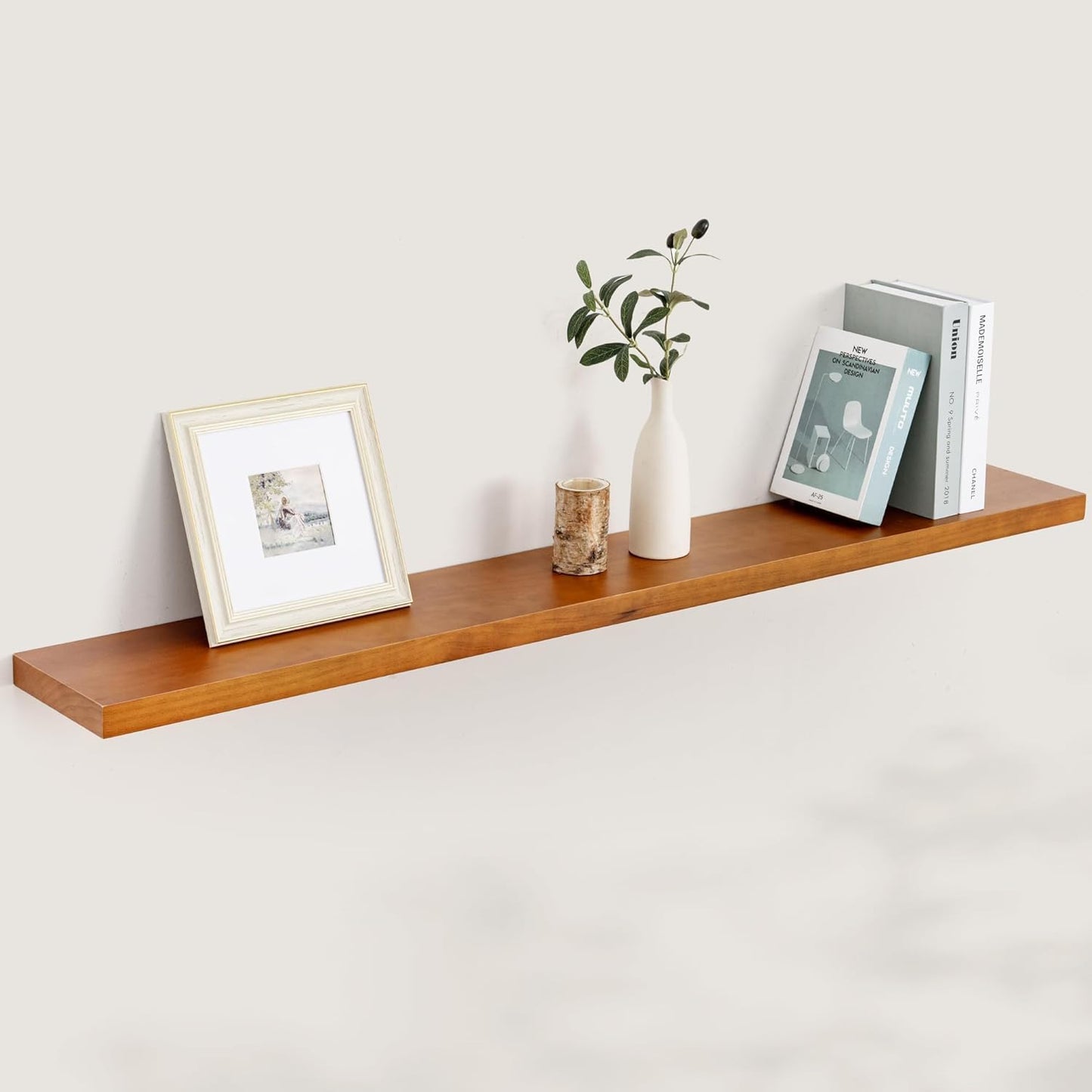 Fun Memories 55 Inches Floating Shelves - 8 Inch Deep Rustic Solid Pine Wood Wall Shelves for Storage - Farmhouse Wall Mounted for Living Room - Heavy-Duty Metal Bracket - 55" W x 8" D - Honey