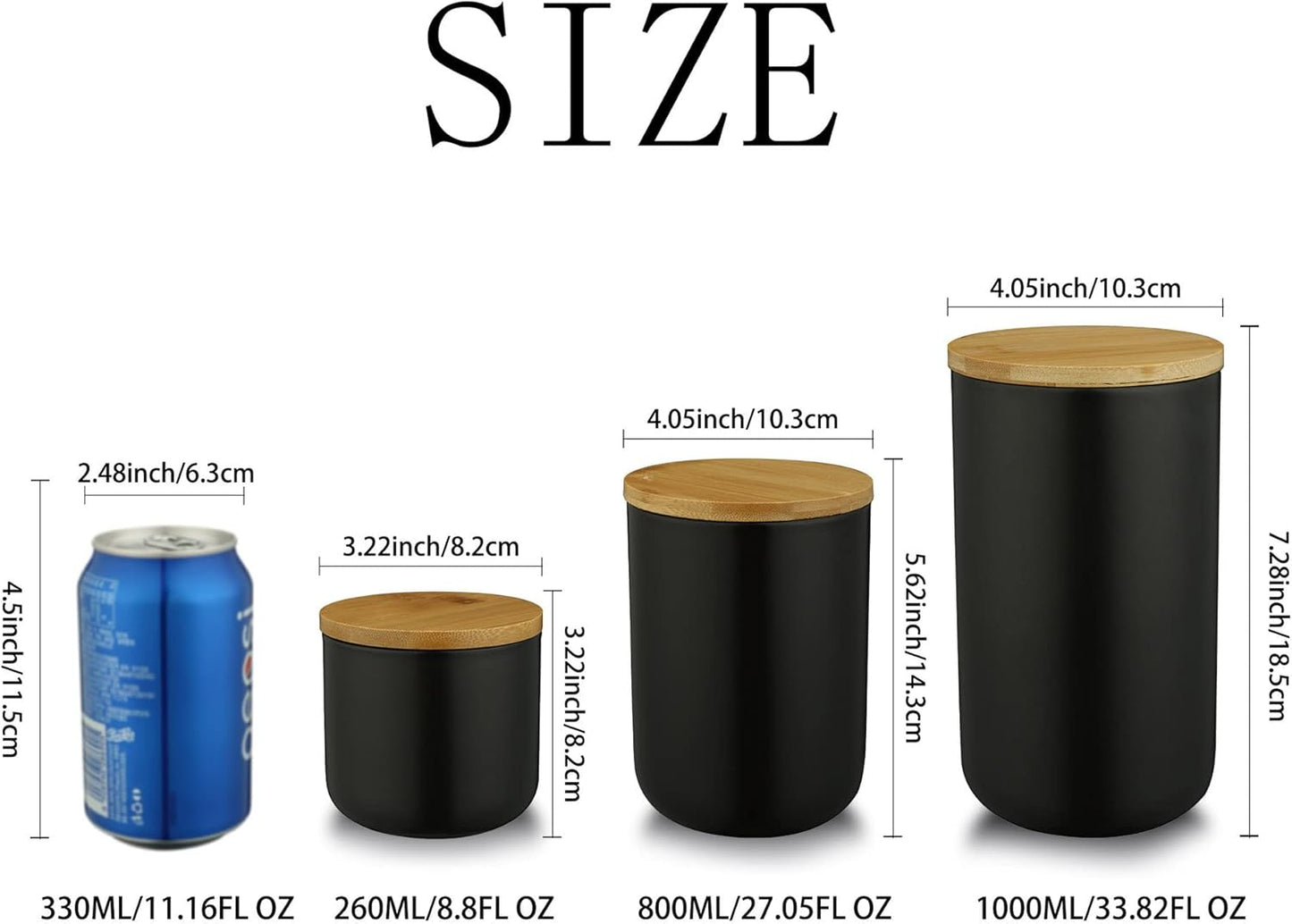 MilkyWay Food Storage Jar Strong Ceramic Storage Canisters with Airtight Seal Bamboo Lid Modern Design Seal Damp-Proof Kitchen Jar for Coffee, Tea, Spice and More (Black(S: 8.7oz/260ml))