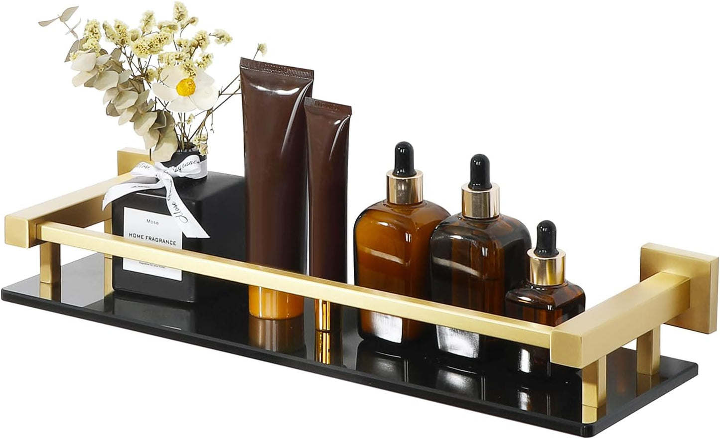 Alise Bathroom Glass Shelf with Stainless Steel Railing, Gold Small Tempered Glass Floating Wall Shelf Over The Toilet, 16 inch