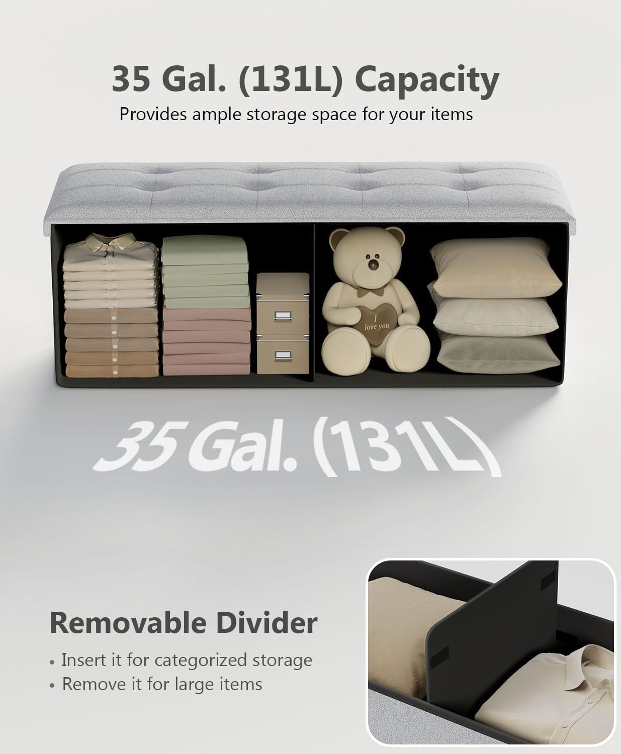 Storage Ottoman Bench, Folding Ottoman Foot Rest, End of Bed Bench,Storage Chest, for Living Room, Bedroom, Hallway, Entryway, Holds up to 700 lb (Light GREY1, 43")