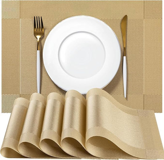 Placemats Set of 8 - Easy Clean Woven Vinyl Placemats for Dining Table, Indoor/Outdoor Place Mats, Washable PVC Table Mats（Gold Cube）
