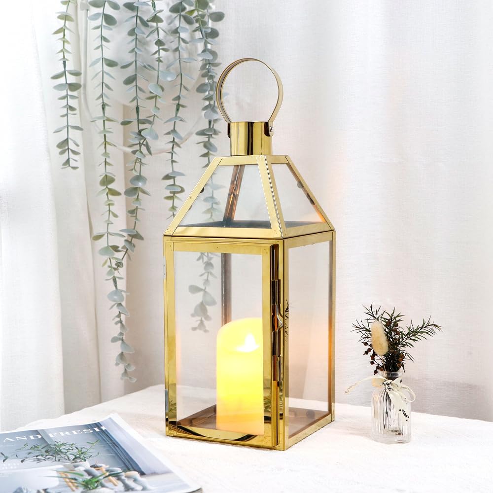 JHY Design Gold Decorative Lanterns 16" H Stainless Steel Candle Lanterns with Tempered Glass for Indoor Outdoor Events Parities and Weddings