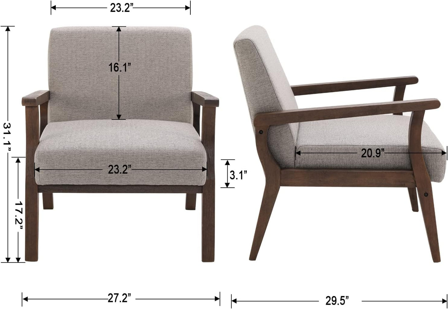 HNY Mid Century Modern Accent Chairs Set of 2 with Wood Frames, Linen Upholstered Living Room Arm Chairs for Living Room, Bedroom, Grey