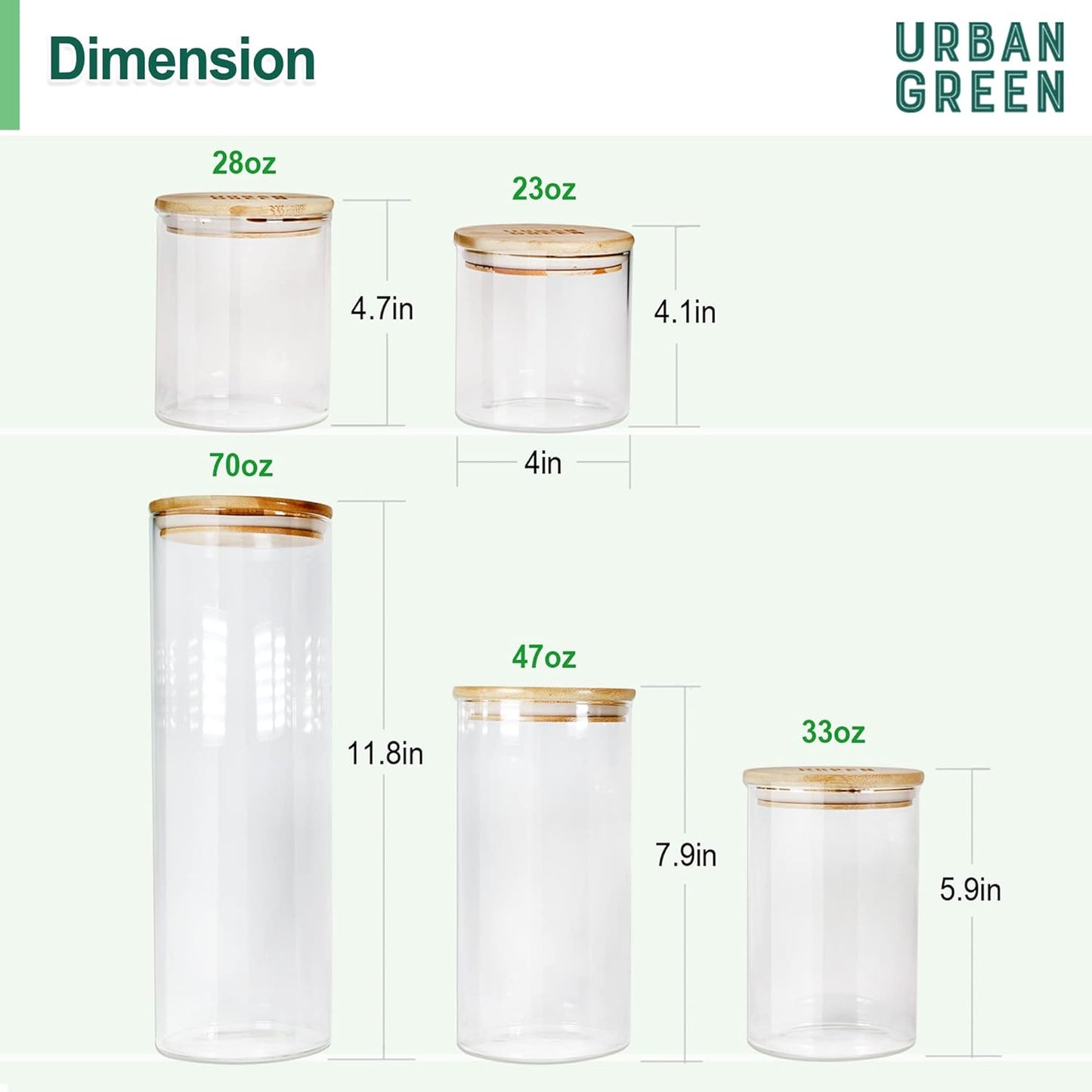 Urban Green Glass Storage Container Bamboo Lids, Glass Airtight Canisters sets, Food Jars, Pantry Organization and Storage Containers, Spice Jars, Flour Canisters of 6