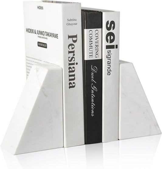 Marble Bookends for Heavy Books, Decorative Book Ends for Shelves, White Stone Durable and Heavy-Duty Book Ends for Hardback Books & CDS, Unique Book Stopper & Holder, Set of 2