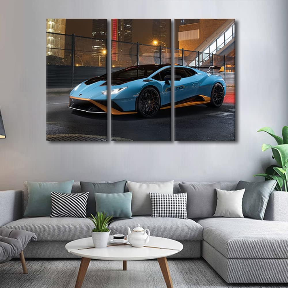 TUMOVO Canvas Wall Art Print Sports Car Posters for Men Boys Bedroom Supercar Speed Car Wall Decor Art Paintings Blue Hypercar Modern Giclee Artwork for Office Home Decor Ready to Hang, 36" Wx24 H