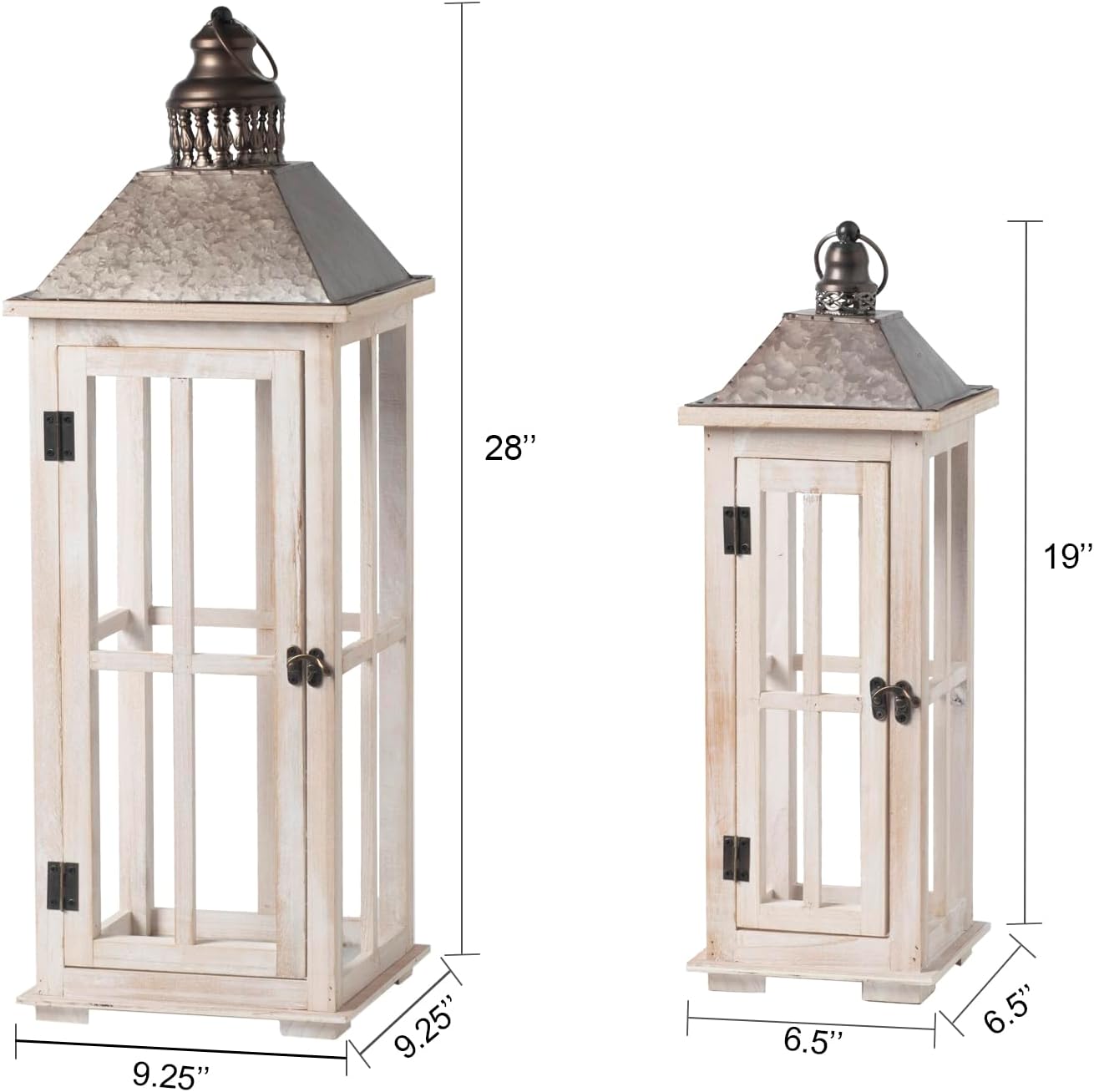 TIMRIS Large Rustic Wooden Decorative Lantern Set of 2, Modern Farmhouse Distressed Whitewash Floor Candle Lanterns, Indoor/Outdoor Hanging Lanterns for Home Decor (No Glass)