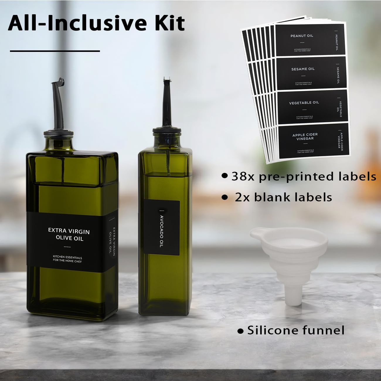 Olive Oil Dispenser Bottle for Kitchen 16.9oz, UV-Blocking Oil and Vinegar Dispenser Set, Soy Sauce Dispenser, Space Saving Design for Countertop (Green, 2pcs)