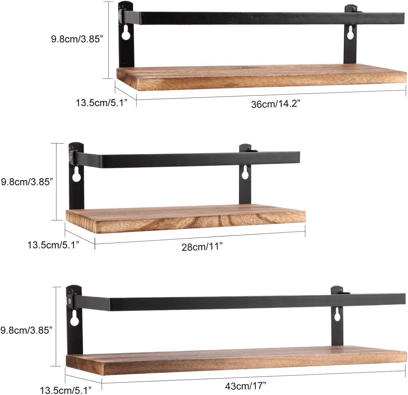 Floating Shelves Rustic Wood Wall Mounted Shelf Practical Metal Fence Design Ideal for Bedroom, Bathroom, Kitchen Set of 3(Carbonized Black)