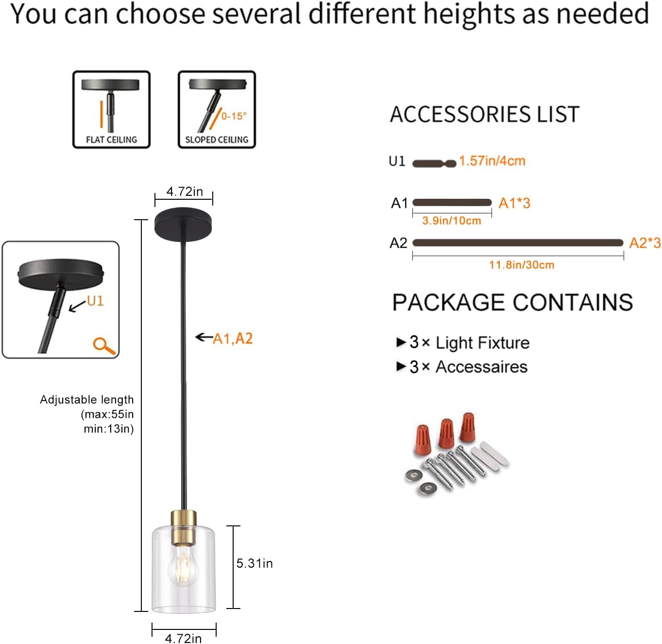 Black Brass Pendant Lights Kitchen Island - Clear Glass Pendant Light Fixture Multiple Stems Rods 3 Units 12 Inch 3 Units 4 Inch (3 Pack Black Brass Downrod)