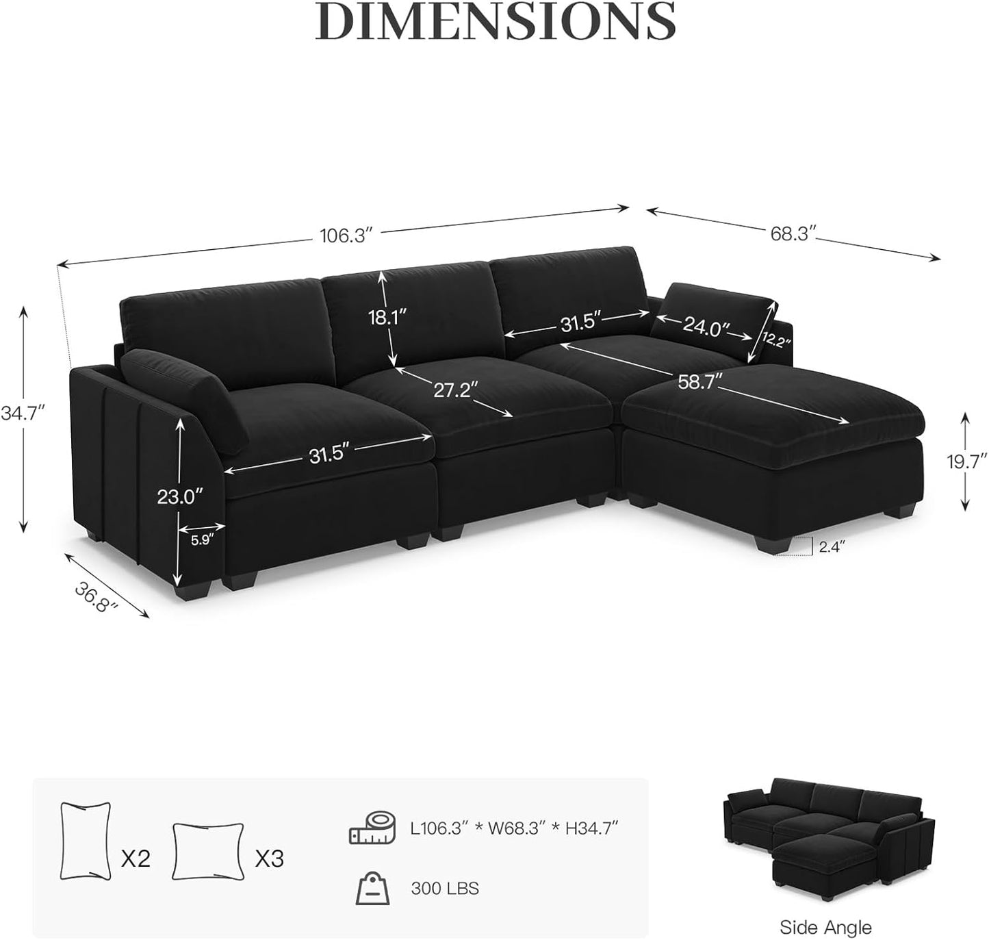 Belffin Extra Large Modular Sectional Sofa,106.3" 4-Seater L Shaped Couch,Velvet Convertible Sectional Couches for Living Room,Comfy Upholstered Modern Cloud Couch,Black Sofa