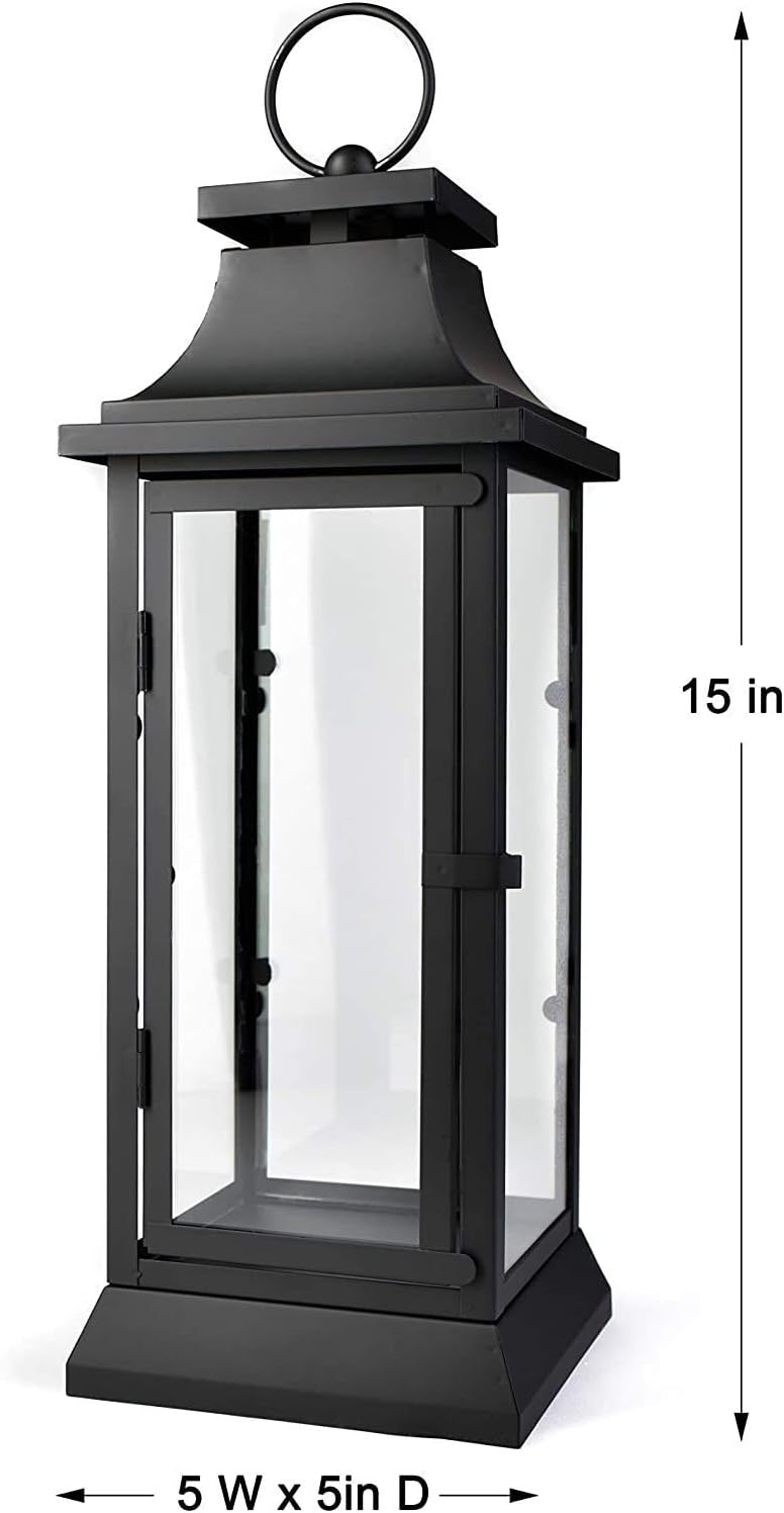 Serene Spaces Living Black Metal Hurricane Lantern with Clear Glass – 15" Tall, 5" Square. Versatile Hanging/Tabletop Candle Holder for Weddings, Parties, Indoor & Outdoor Home décor.