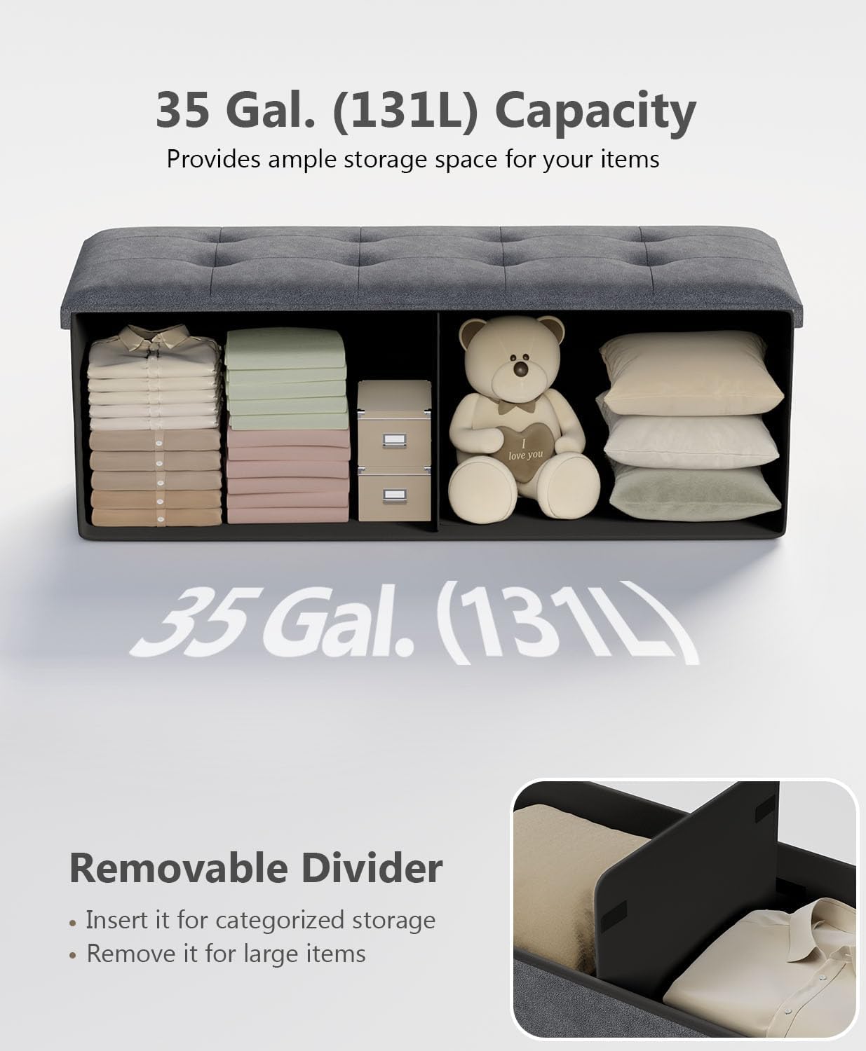 Storage Ottoman Bench, Folding Ottoman Foot Rest, 15 x 43 x 15 Inches, End of Bed Bench, Storage Chest, for Living Room, Bedroom, Hallway, Entryway, Holds up to 700 lb,Dark Gray