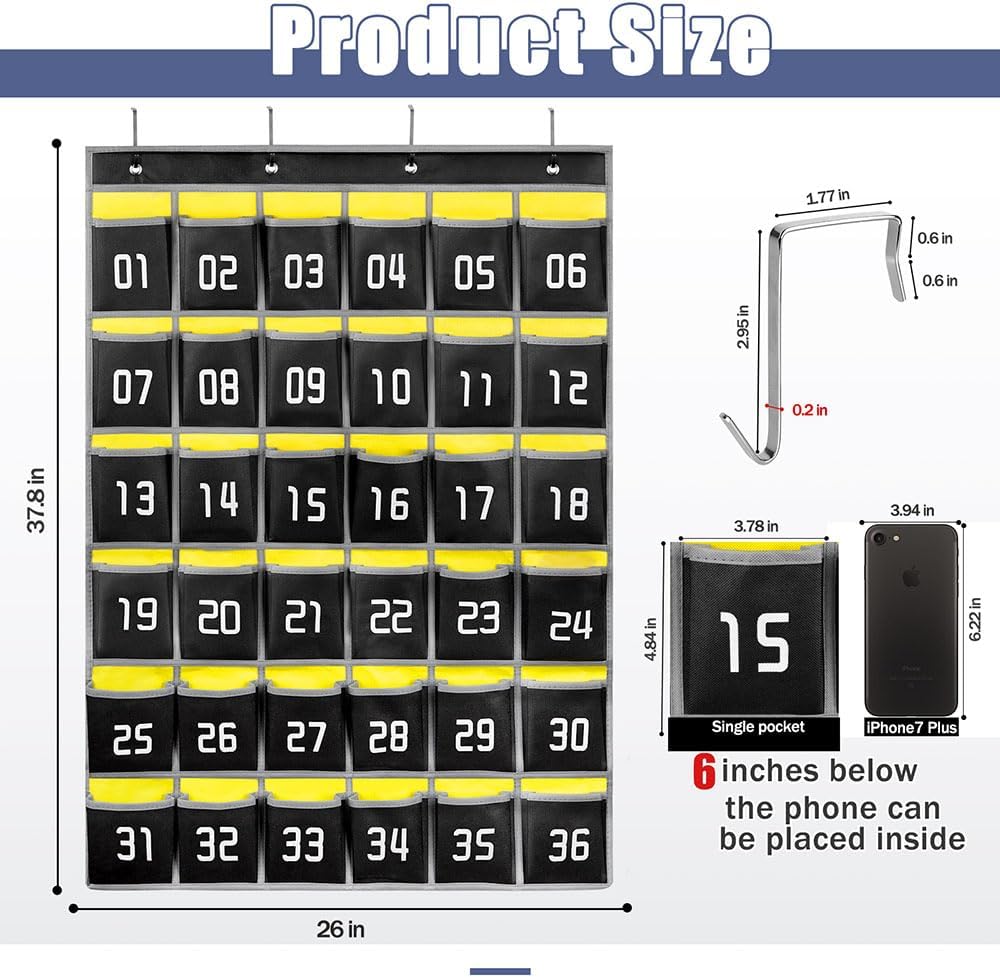 Loghot Classroom Accessories Closet Pocket Chart for Cell Phones Holder Wall Door Hanging Organizer (36 Pockets Black 2Pc)