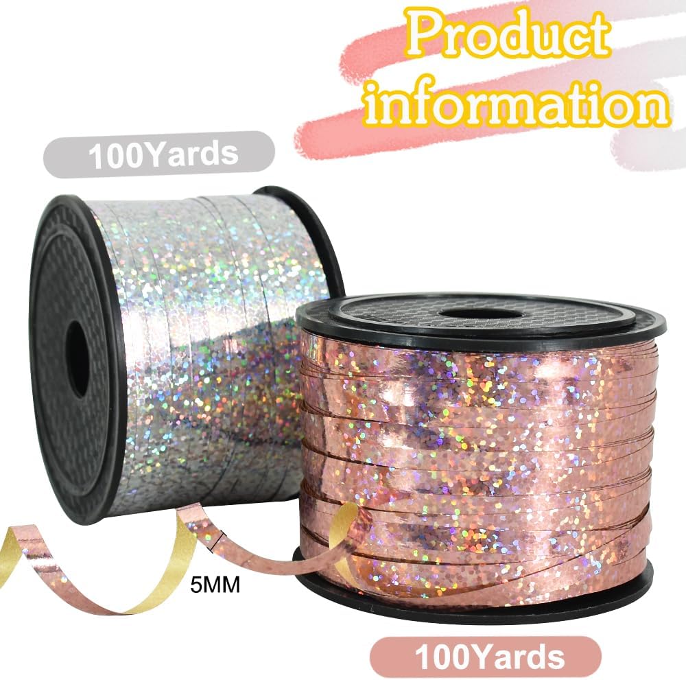 BEISHIDA 2 Pack 100 Yards Rose Silver Ribbon Curling Crimped Glitter Ribbon Balloon String Shiny Metallic for Gift Wrapping Ribbon Birthday Party Festival Art Craft Decor Florist Flowers Decoration
