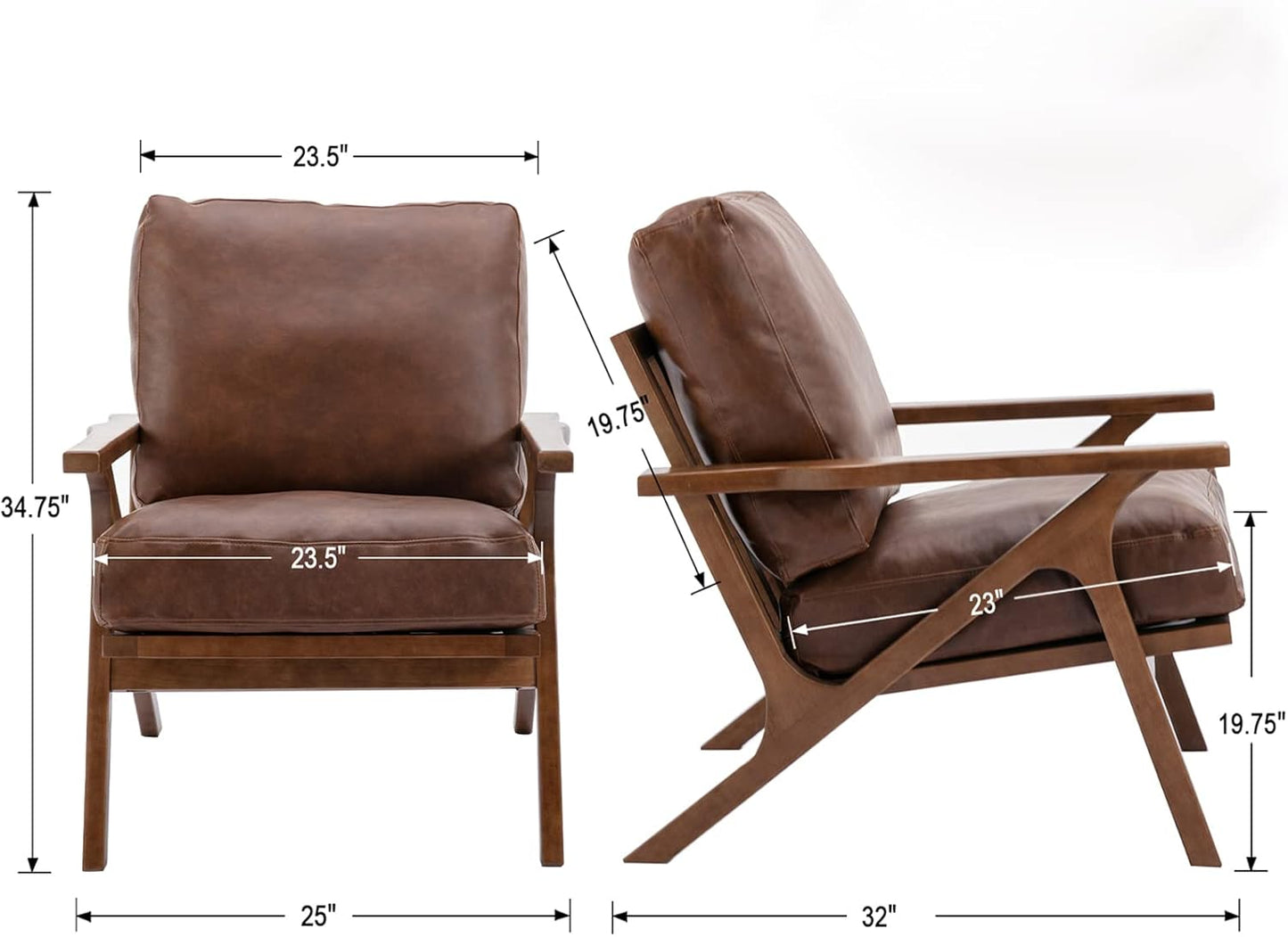 HNY Mid Century Arm Chairs Set of 2, Retro Accent Armchair with Wood Frames & Faux Leather Upholstered Removable Cushions, Leisure Reading Chair Slipper Chair for Living Room Bedroom, Brown