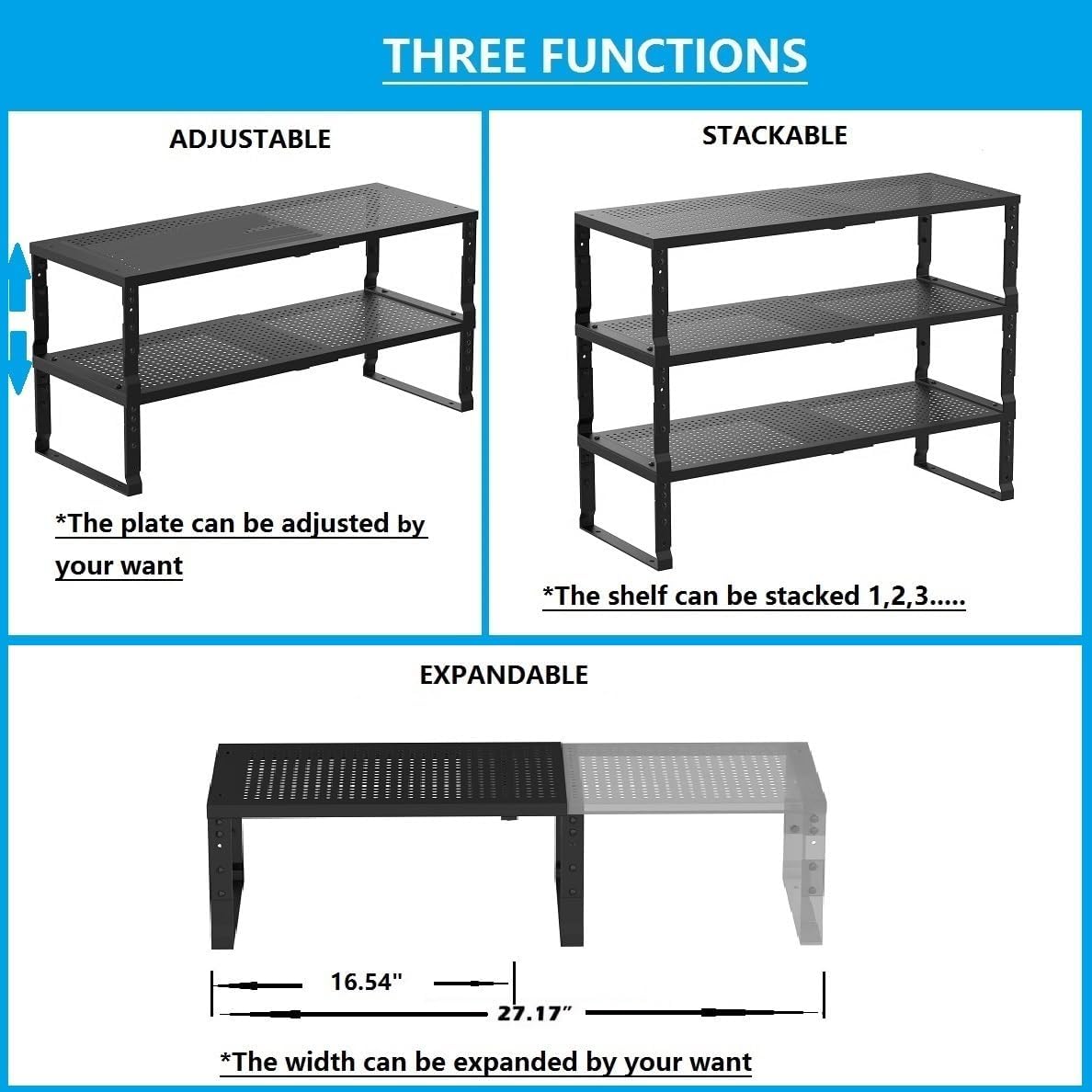 Expandable,Adjustable & Stackable Spice Rack, Cabinet Kitchen Countertop Shelf Organizer,Metal Pantry Storage Shelves - Space-Saving Storage Solution(1Pack/Black/Large)