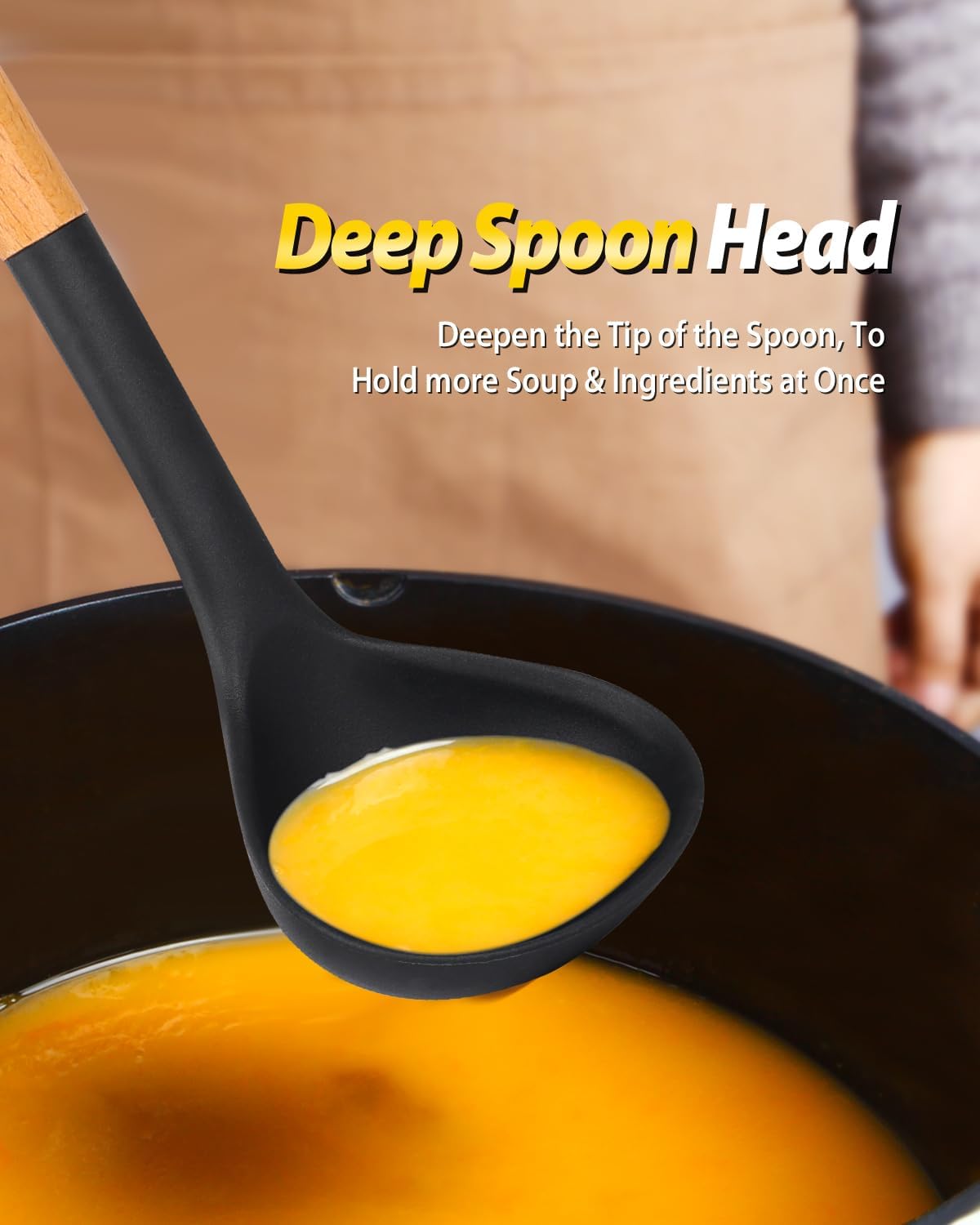 Silicone Pasta Fork and Ladle Spoon Set with Wooden Handle, Heat Resistant Non Stick Kitchen Utensils for Cooking, Stirring, Serving Spaghetti, Soup, Sauce(BLACK)