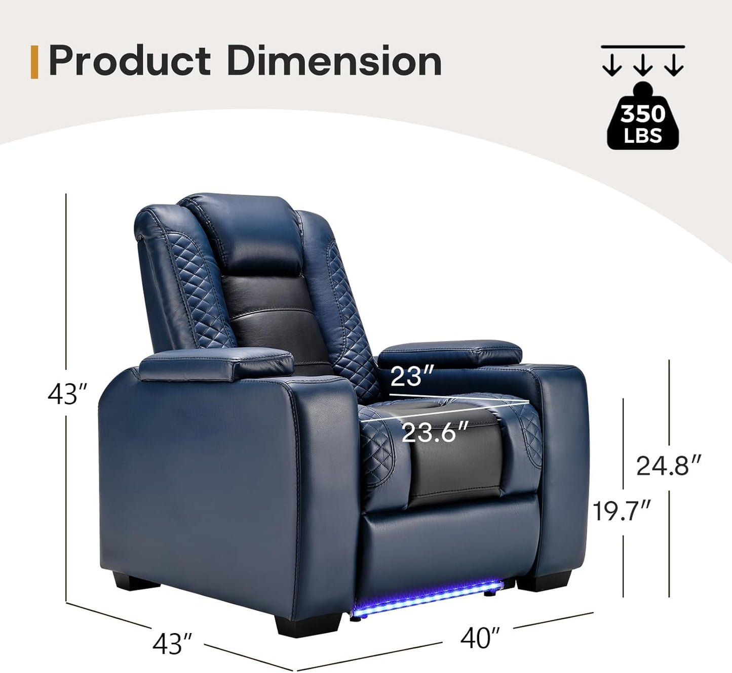 ANJ Power Home Theater Seating Set of 3, Blue Faux Leather Electric Recliner Chair with Powered Headrest, Dual Motors Movie Reclining Chairs with LED Lights,USB Port,Cup Holders, Hidden Arm Storage