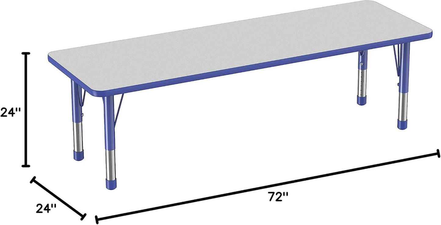 FDP Rectangle Activity School and Classroom Kids Table (24 x 72 inch), Chunky Toddler Legs, Adjustable Table Height 15-24 inches - Gray Top and Blue Edge