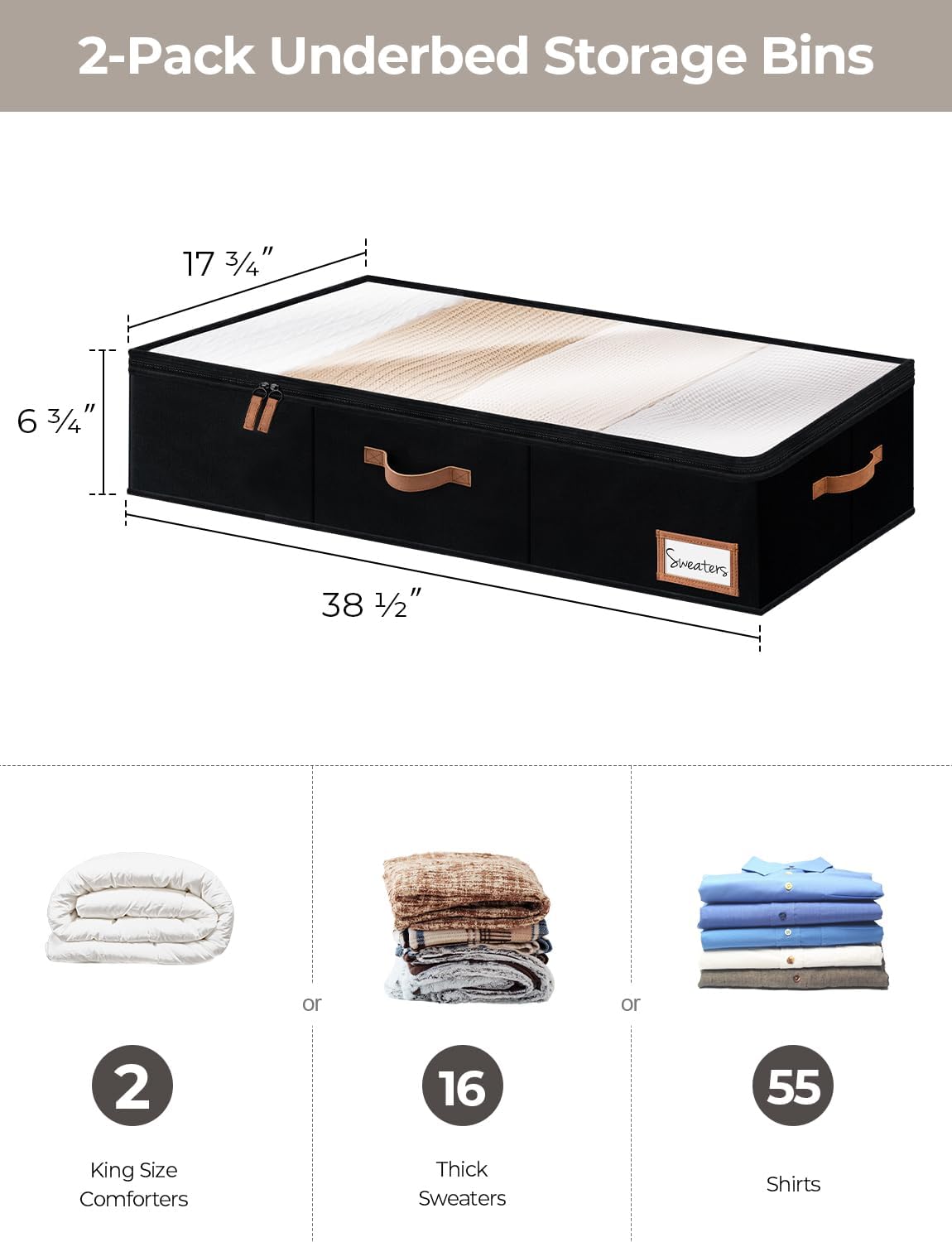 StorageWorks Extra Large Under Bed Storage Containers with Handles and Label Holder, 2 Pack Ultra-thick Fabric Underbed Bins, Closet Organizer for Clothes, Blankets, Sweater