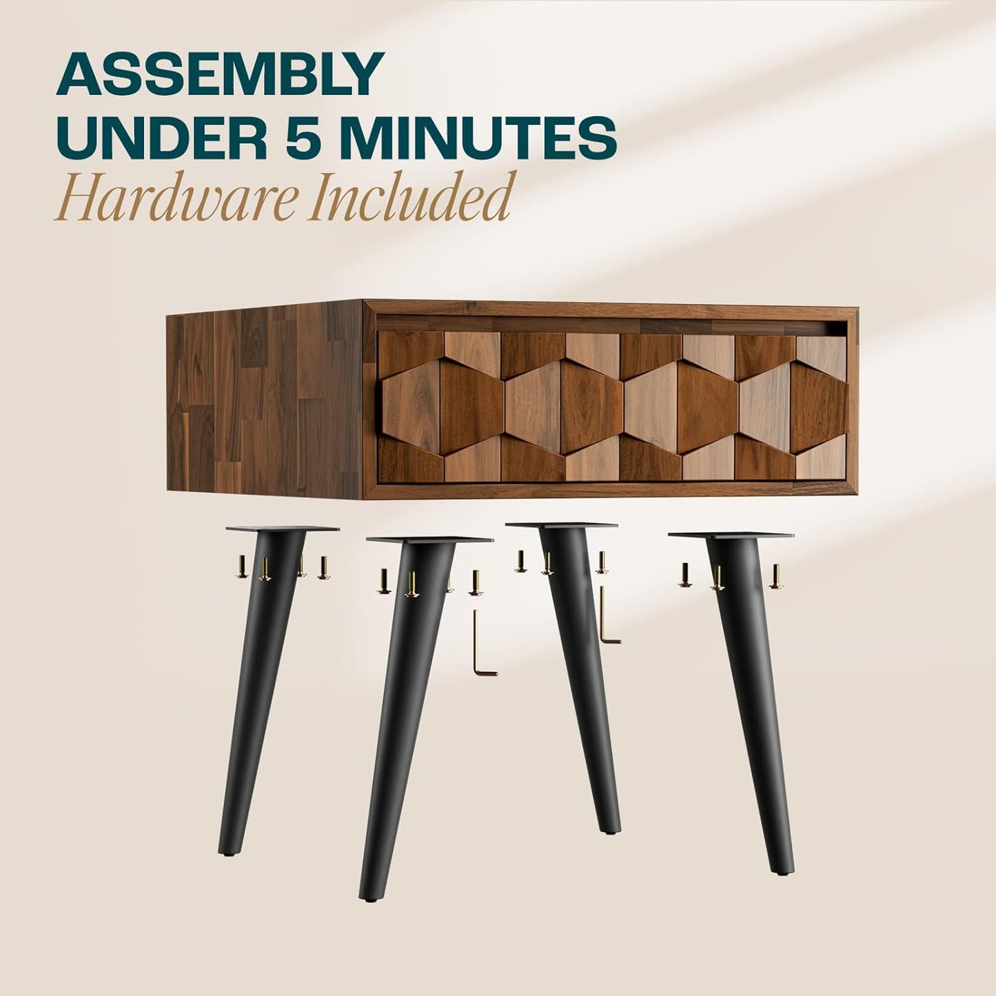 Bme Georgina Solid Wood Nightstands with Drawers - Fully Assembled Rustic Geometric Pattern Bedside Cabinet - Mid Century Modern Side Table for Living Room, Bedroom, Dark Chocolate