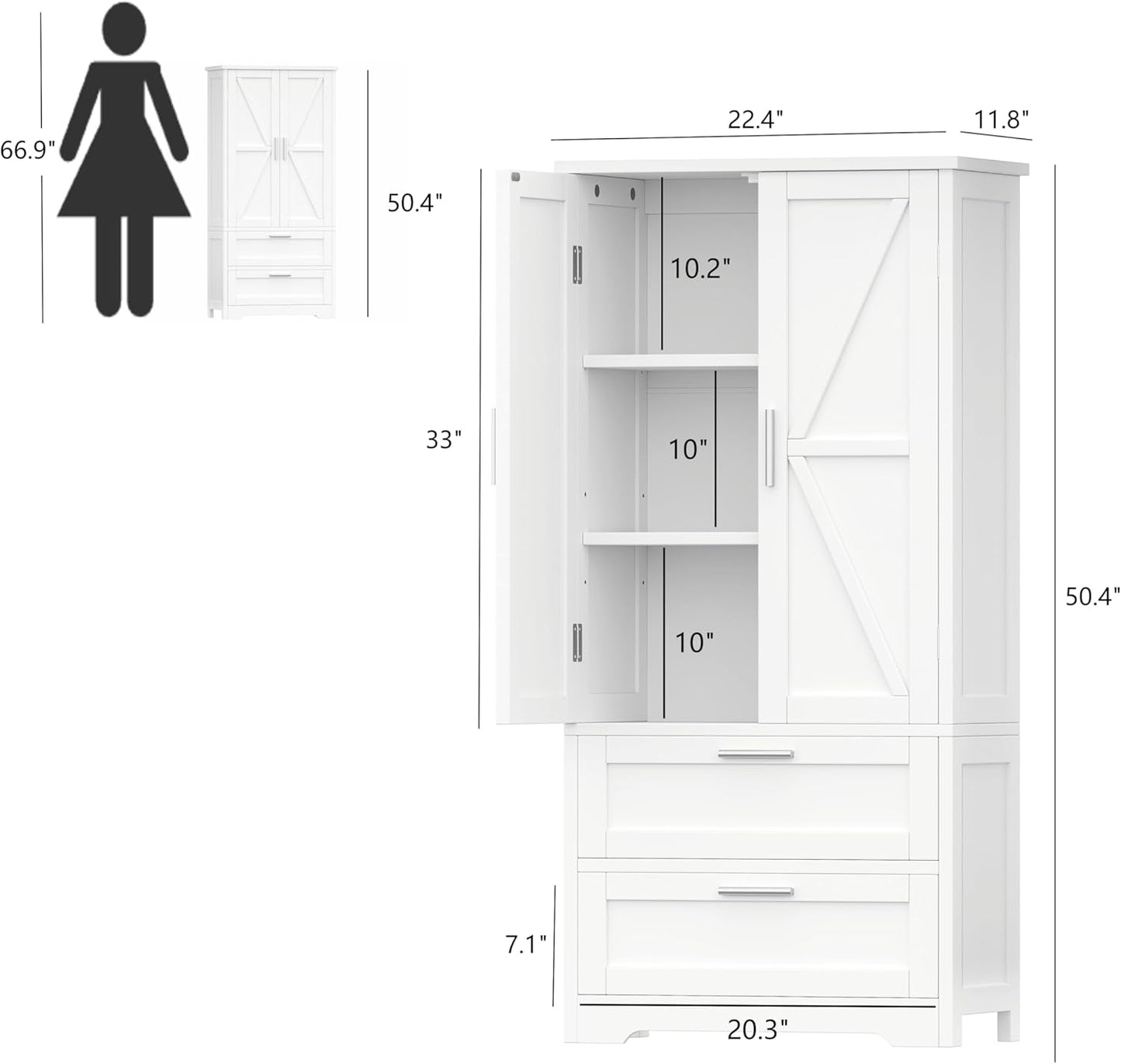 50.4" H Bathroom Storage Cabinet, Modern Floor Cabinet with Adjustable Shelf, Small Pantry with 2 Doors & Drawers, Storage Cabinet for Bathroom, Living Room, Kitchen, White KES007WCWG