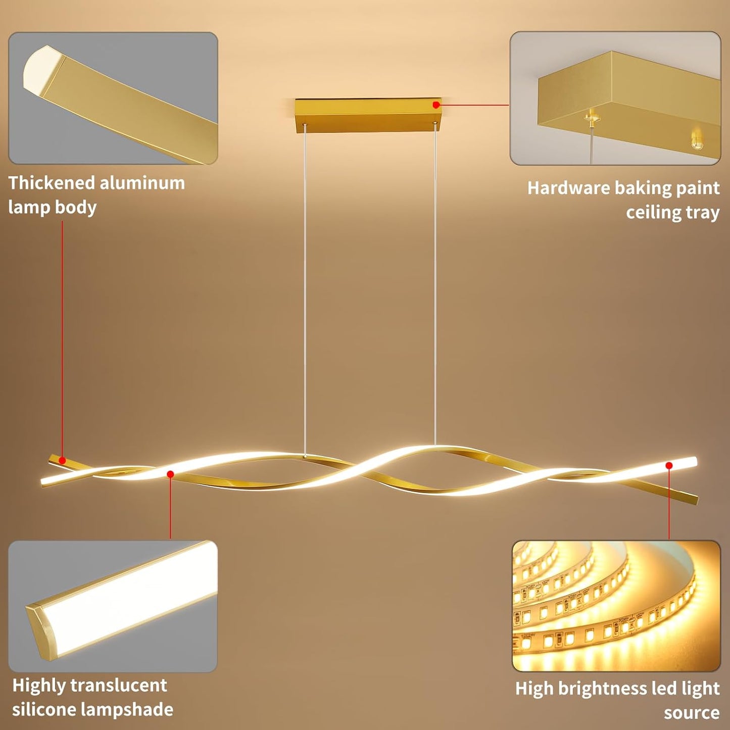 Modern Ceiling Pendant Light, with Remote Control Dimmable 3 Color Mode & Brightness Ceiling Lamp, Anti-Flicker Dining Light Fixture for Kitchen, Dining Room (Gold, 59IN)