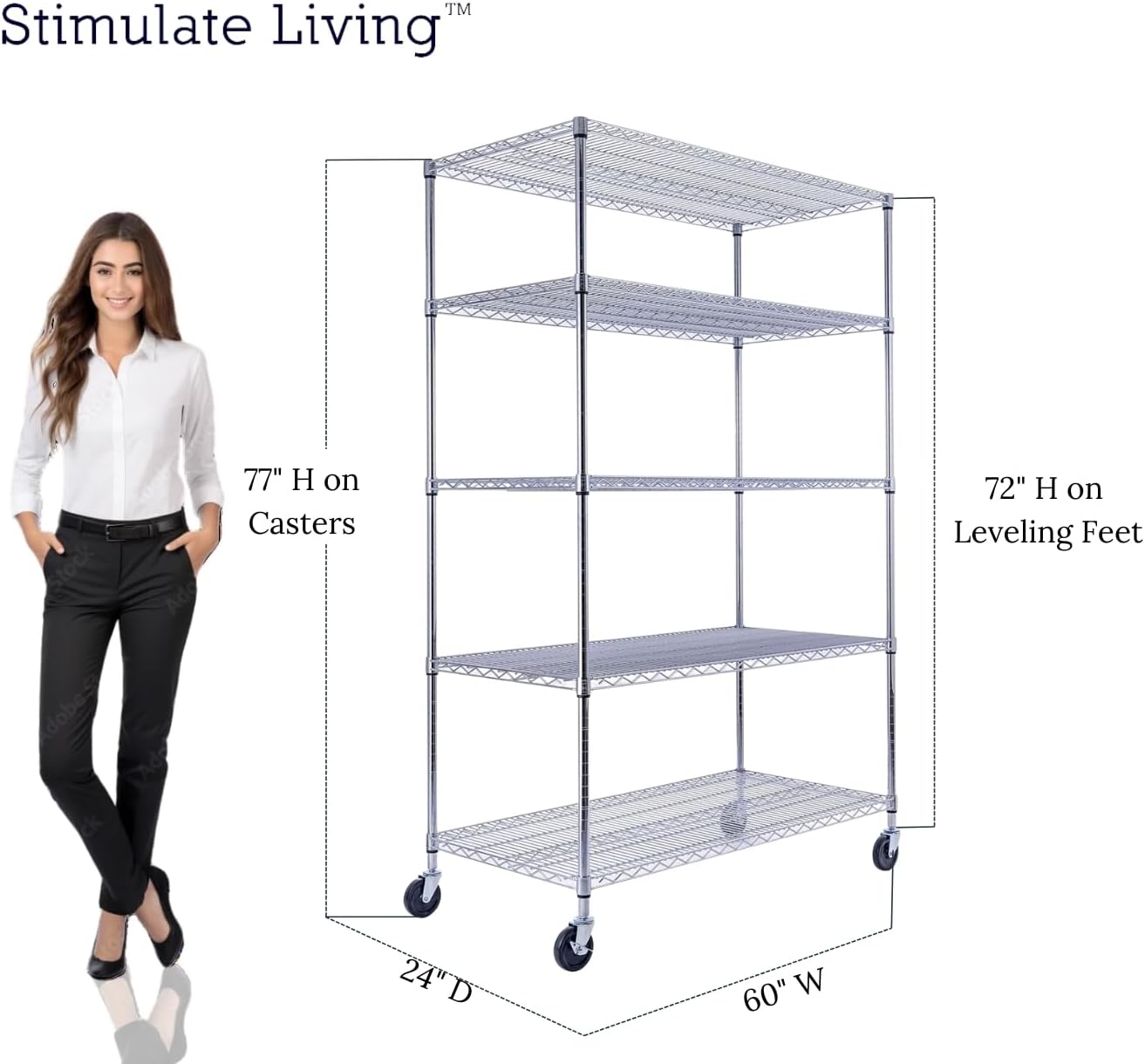 48"x24"x72" Prime Heavy Duty Chrome 5-Tier Steel Wire Shelving NSF 4000 LBS MAX Capacity Storage Rack for Commercial, School, Home, Garage, Warehouse, Industrial, and Hospital Uses (with Wheels)
