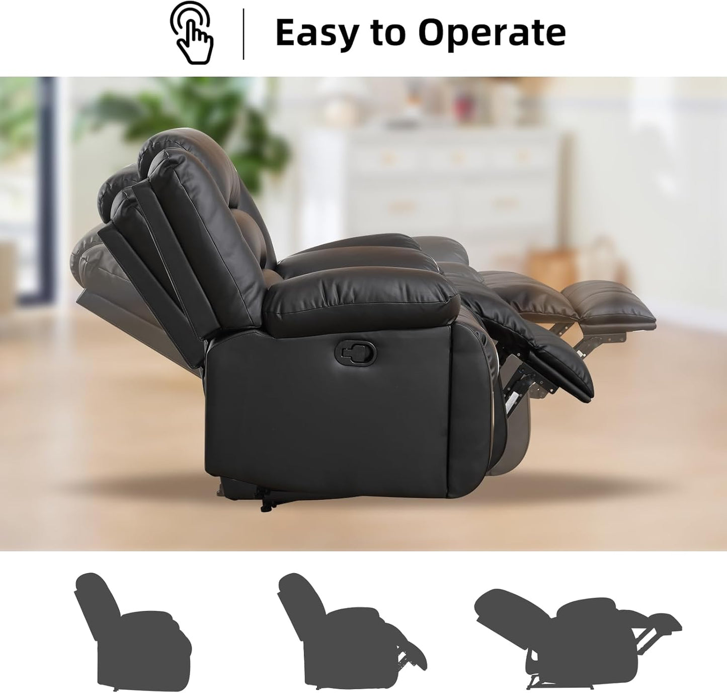 EBELLO Faux Leather Manual Recliner Sofa Set, Loveseat Reclining Sofa and 3 Seat Recliner Sofa, Couch Set for Living Room, Bedroom, Meeting Room, Black (Loveseat+Sofa)