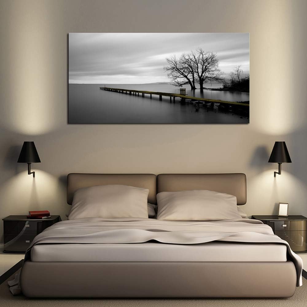 DZL Art S74975 Canvas Prints Modern Minimalist Black and White Lake Trees Landscape Wall Art Painting for Living Room Bedroom Decor Office Wall Decor Home Decoration