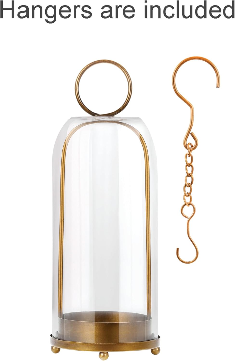 16" High Versatile Modern Metal Hurricane Lantern with Handmade Sturdy Glass Dome for Pillar Candle & Plants (Brass, 6.3"x16.5")