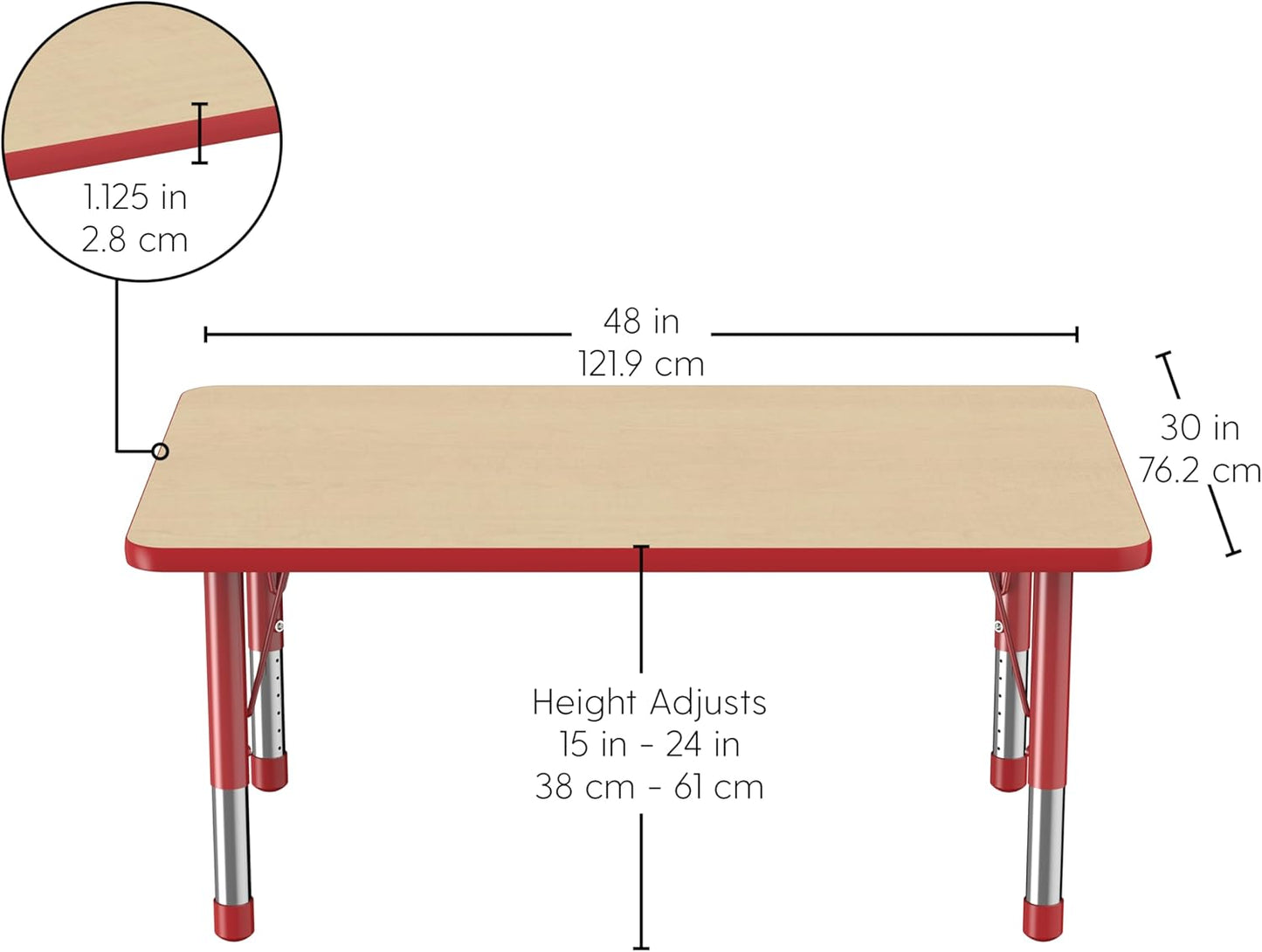 FDP Rectangle Activity School and Classroom Kids Table (30 x 48 inch), Chunky Toddler Legs, Adjustable Height 15-24 inches - Maple Top and Red Edge